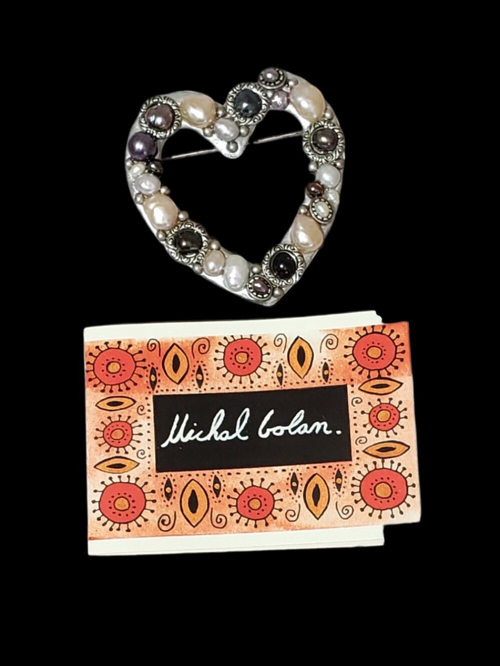 Michal Golan Silver Tone Pearl Open Heart Brooch Pin Retired